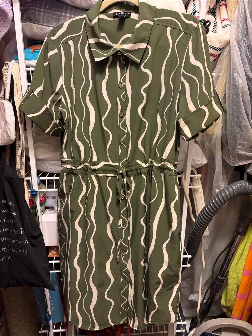 Halston Heritage Olive Green and Cream Wavy-Stripe Shirt Dress